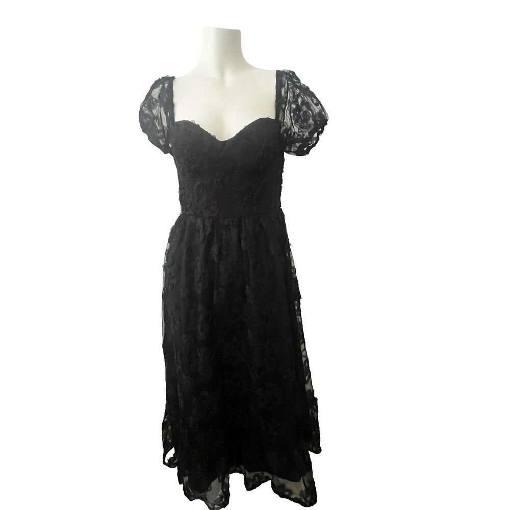 Lulus black dress M Notable Elegance Floral Appliqué Bustier Midi Party Formal